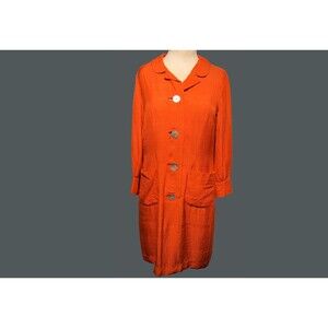 Vintage 60s Barney Max Orange Twilled Silk Shift Dress Long Sleeve Button Medium